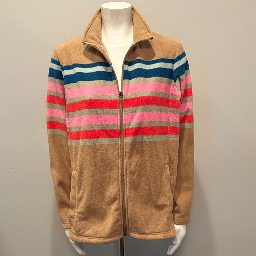 Lands End Striped Zip-Up Fleece Jacket Camel Size XL